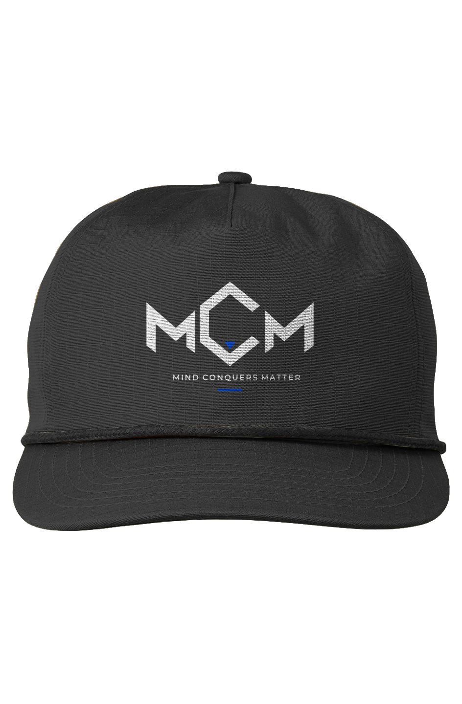 MCM Ripstop Snapback in charcoal with the MCM logo in white and blue