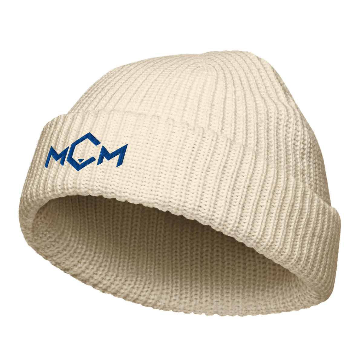 MCM Fisherman Beanie in ecru with the MCM mark embroidered in MCM blue, front