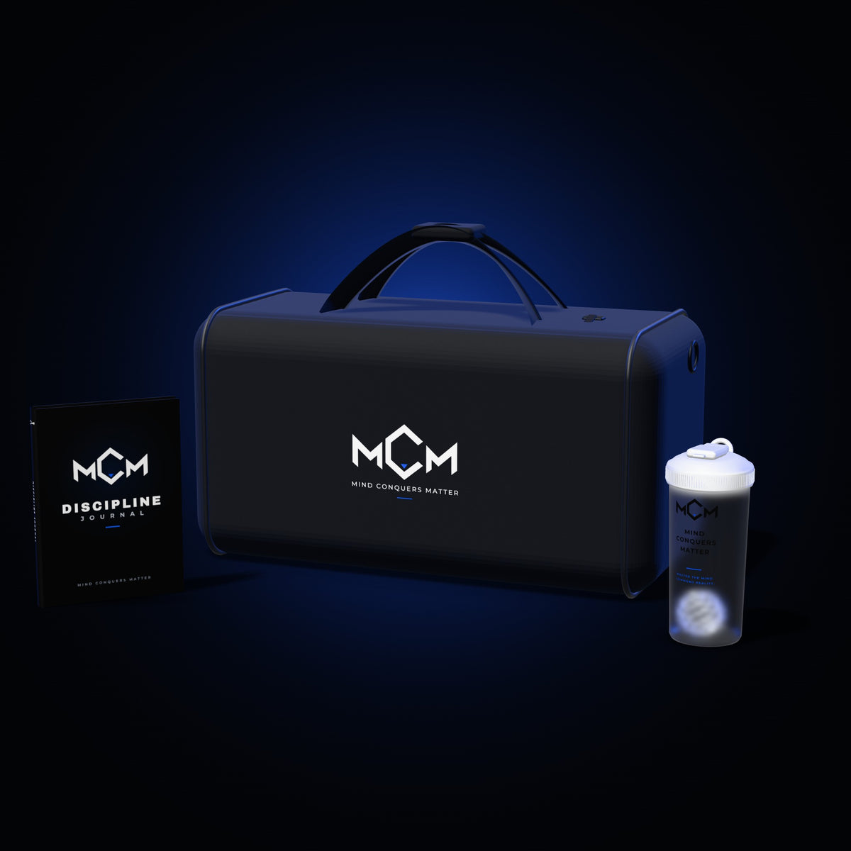 MCM Gear: gym bag, protein shaker and discipline journal