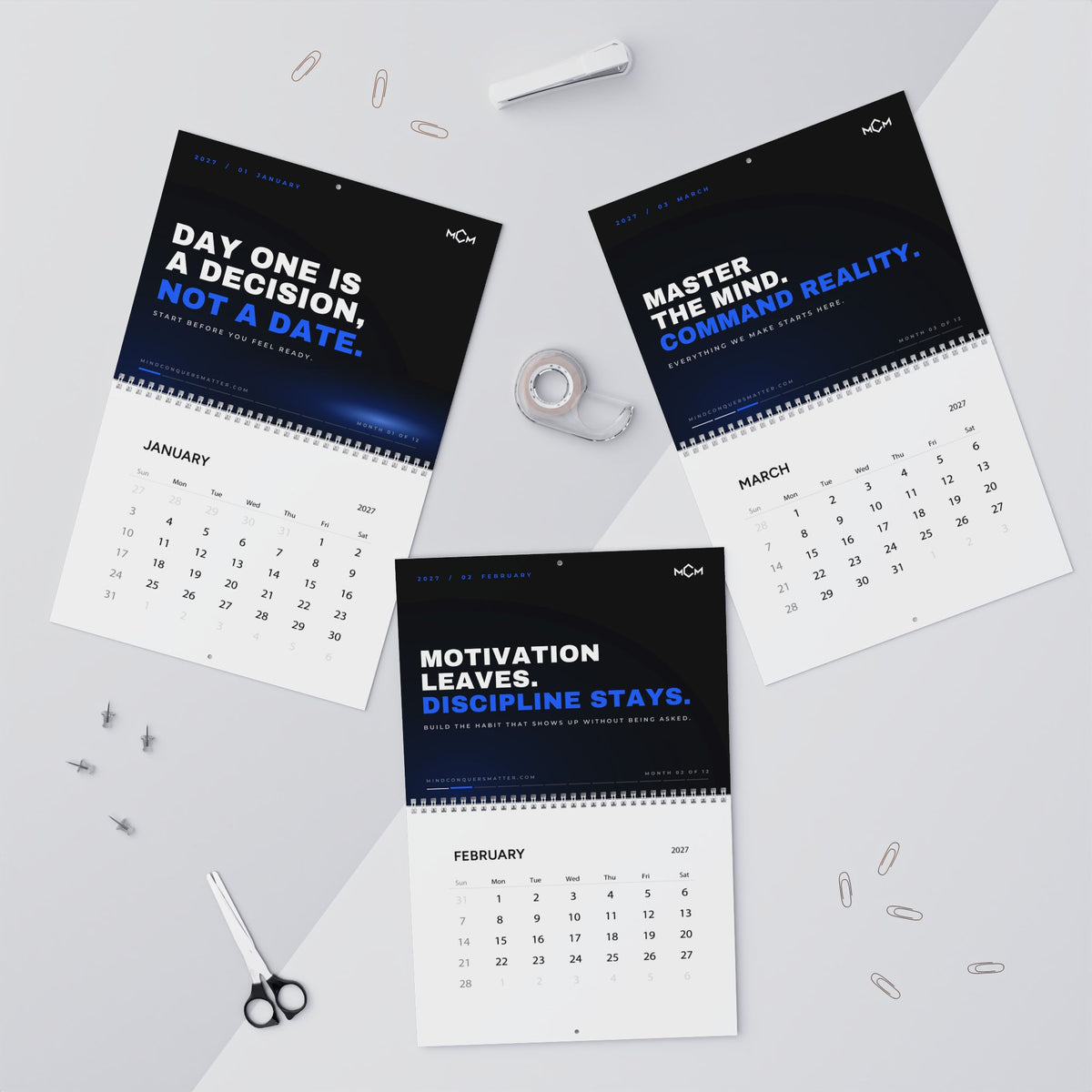 MCM 2027 Discipline Calendar pages for January, February and March