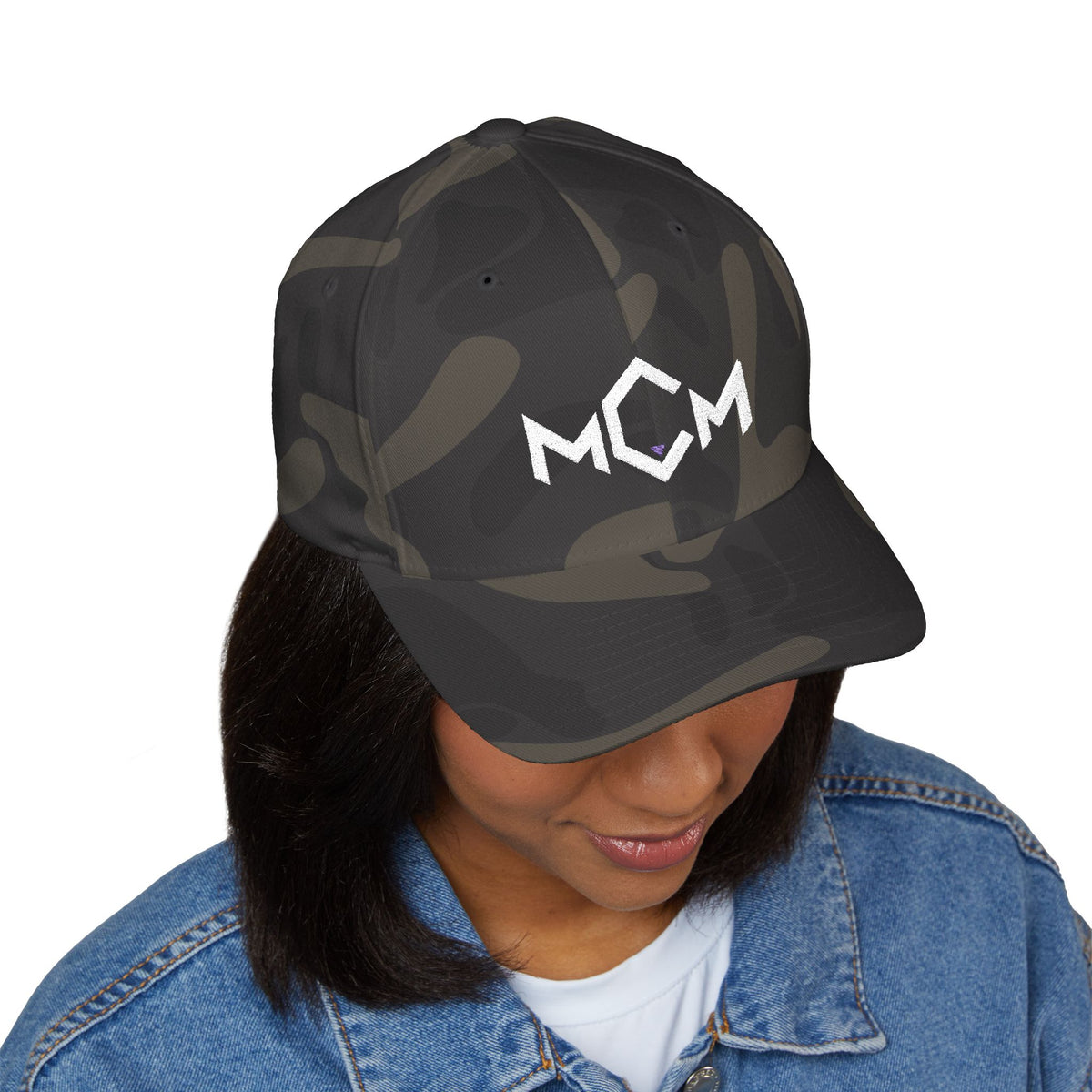 MCM Fitted Cap in multicam black, worn, front view
