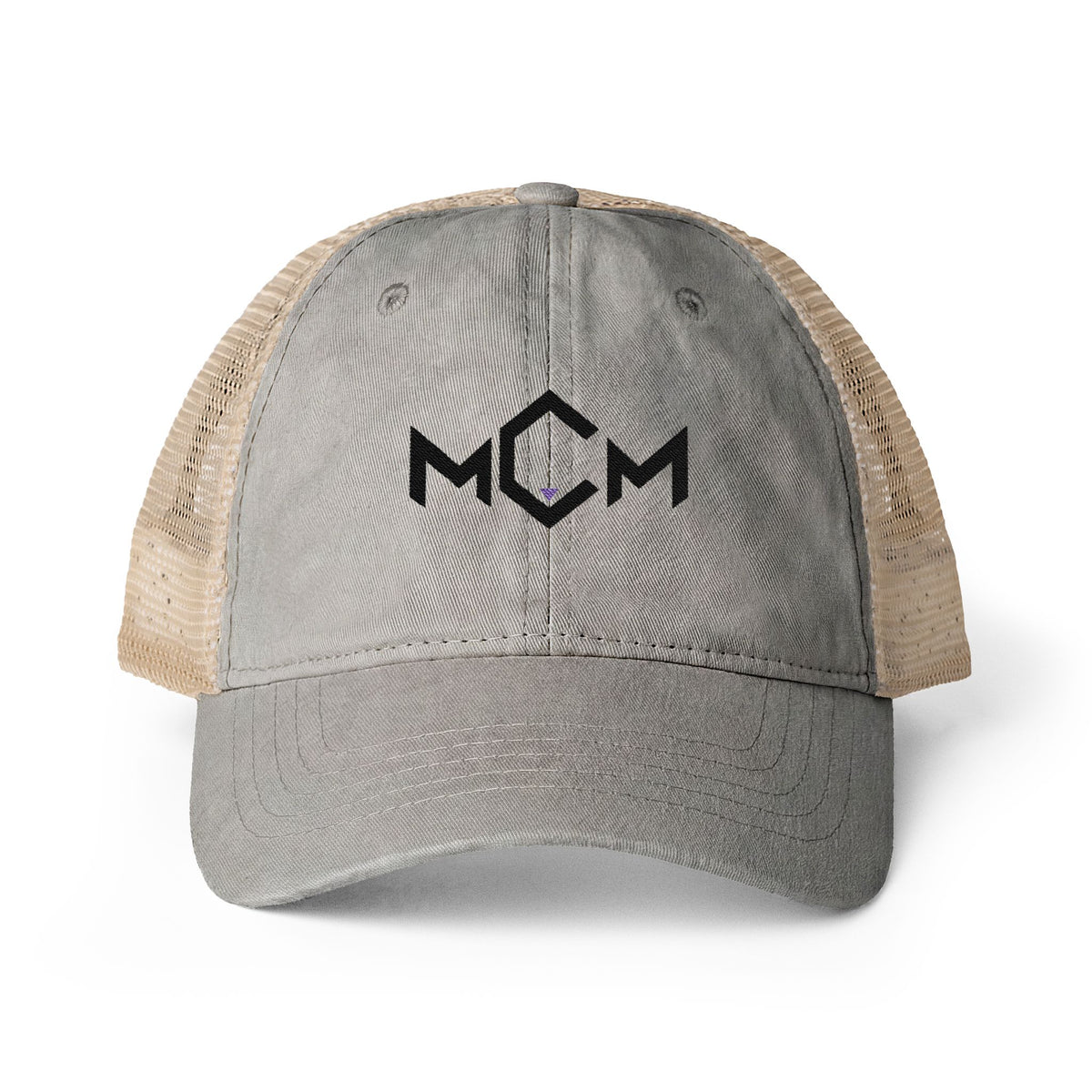 MCM Women's Ponytail Cap in light grey / polka dots with the embroidered MCM mark in black with a blue accent, front