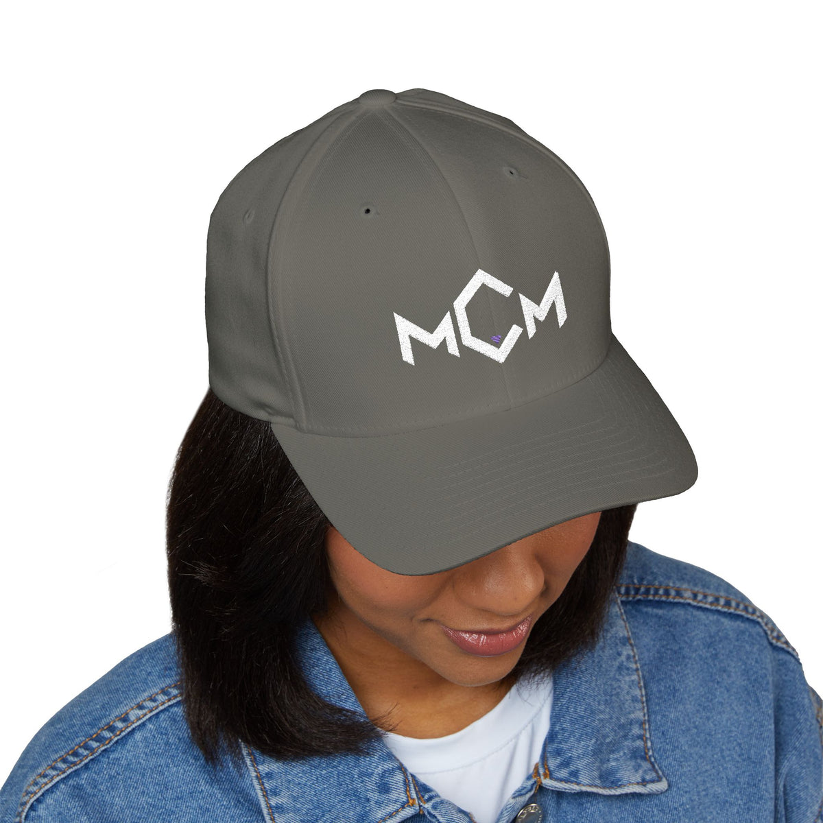 MCM Fitted Cap in olive, worn, front view