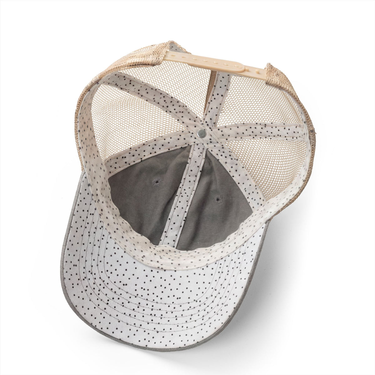 MCM Women's Ponytail Cap in light grey / polka dots, patterned undervisor and mesh back