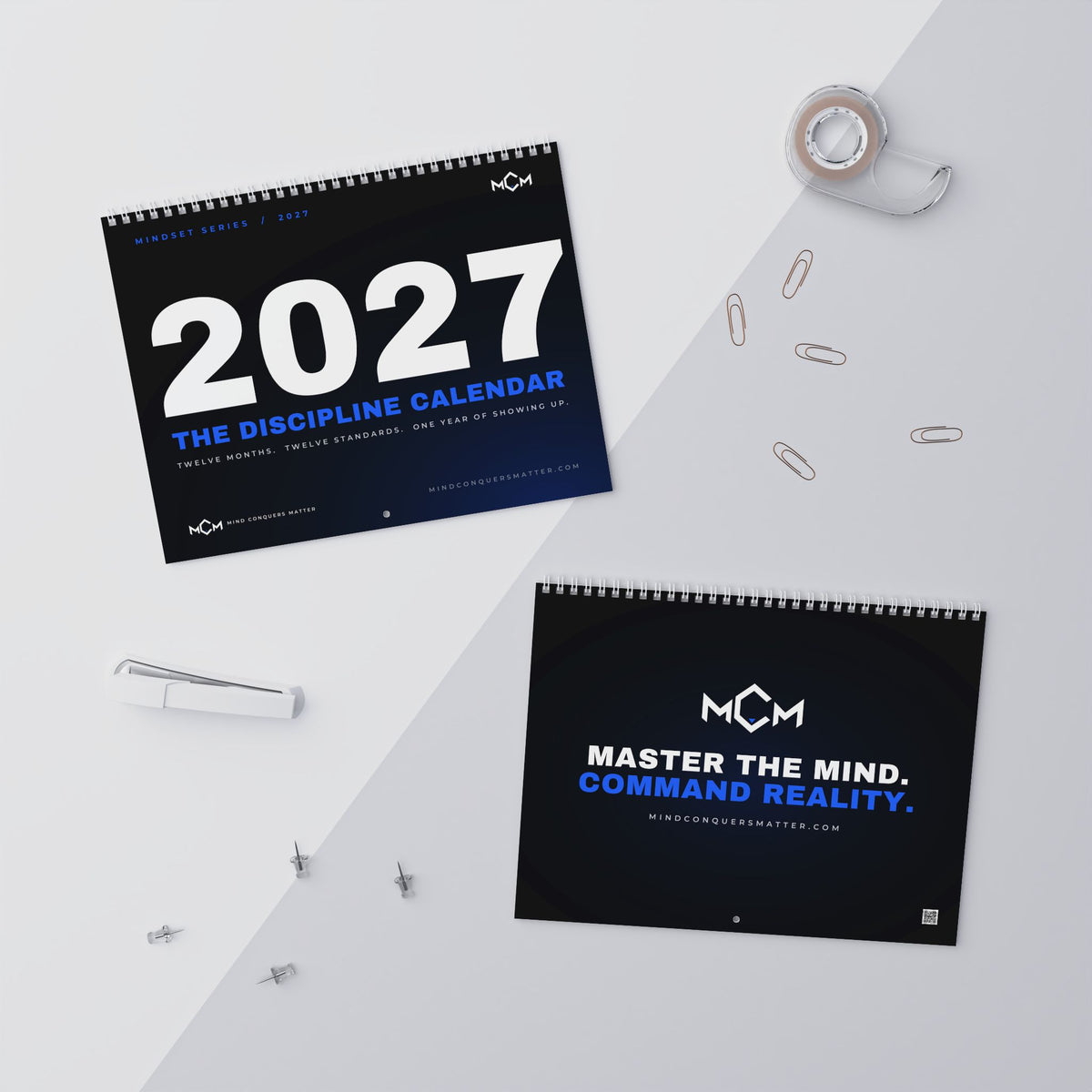 MCM 2027 Discipline Calendar, front and back covers: 2027 The Discipline Calendar, and Master the mind. Command reality.