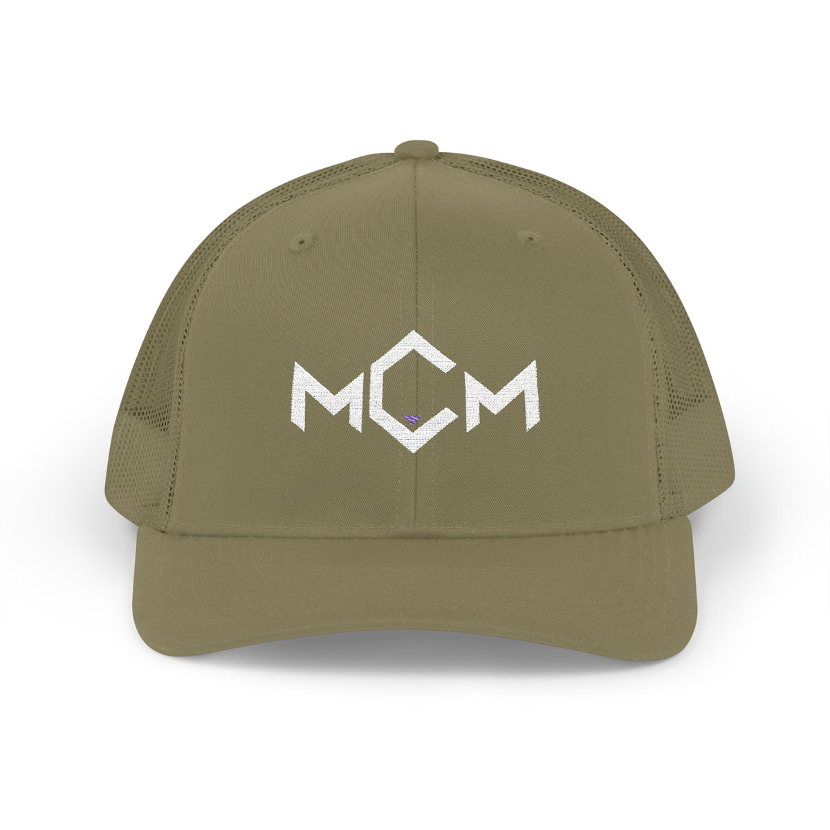 MCM Trucker Cap in loden with the embroidered MCM mark in white with a blue accent, front
