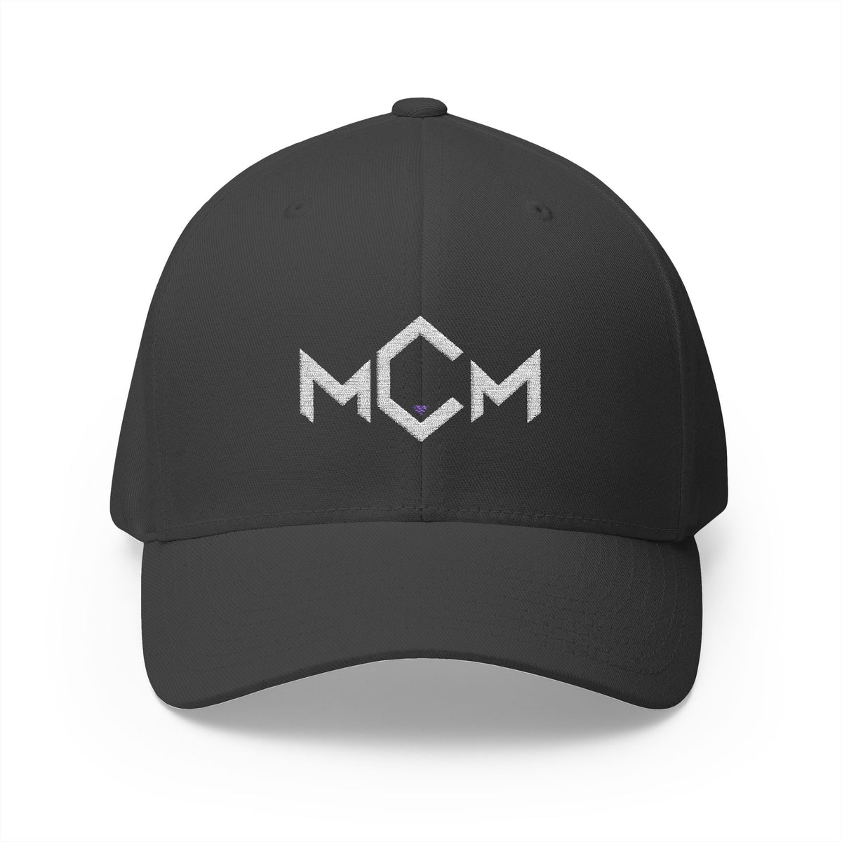 MCM Fitted Cap in dark grey with the embroidered MCM mark in white with a blue accent, front