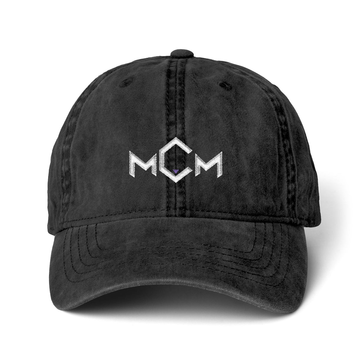 MCM Women's Washed Cap in black / leopard with the embroidered MCM mark in white with a blue accent, front