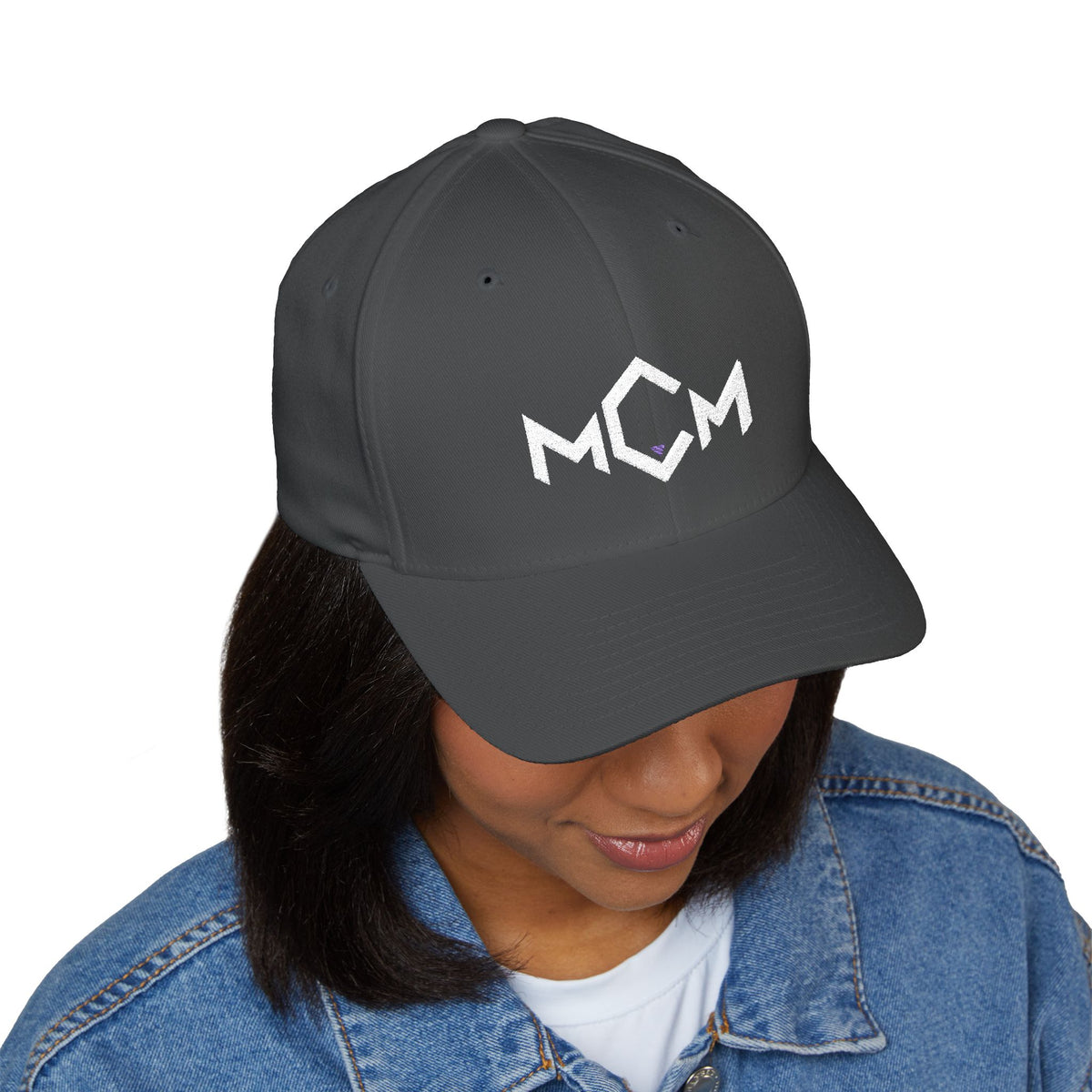 MCM Fitted Cap in dark grey, worn, front view