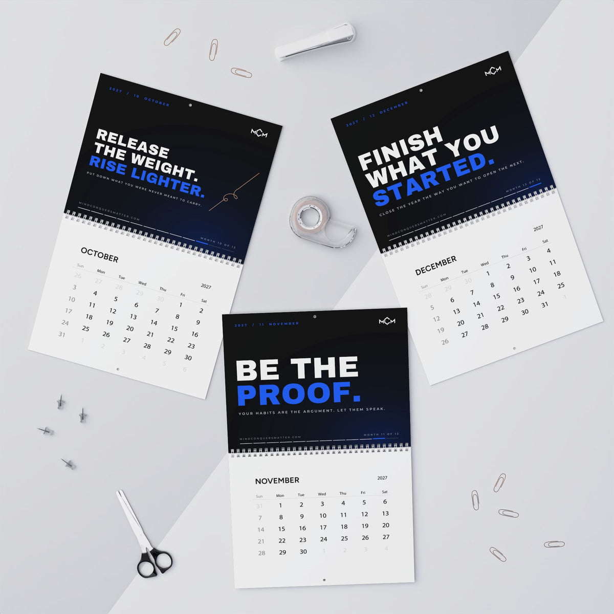 MCM 2027 Discipline Calendar pages for October, November and December