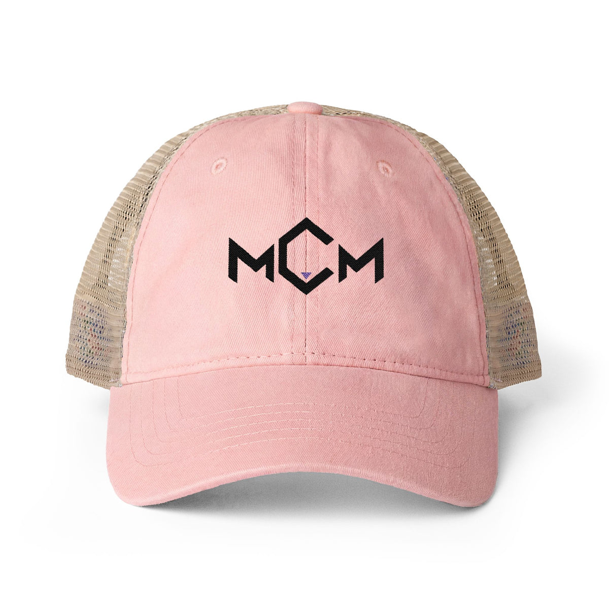 MCM Women's Ponytail Cap in dusty pink / floral with the embroidered MCM mark in black with a blue accent, front