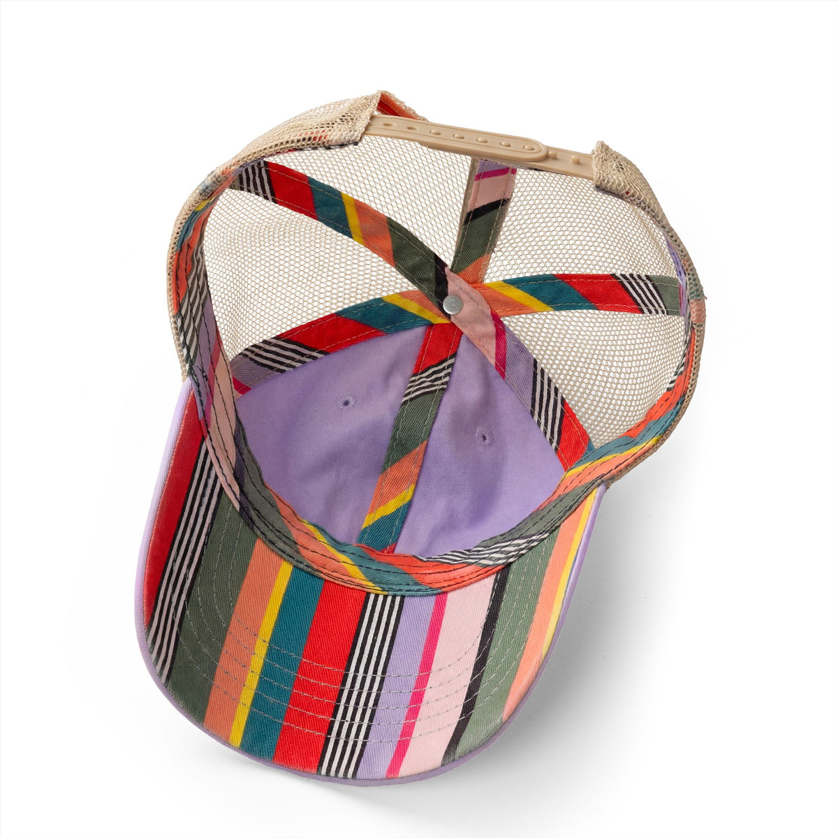 MCM Women's Ponytail Cap in lavender / stripes, patterned undervisor and mesh back