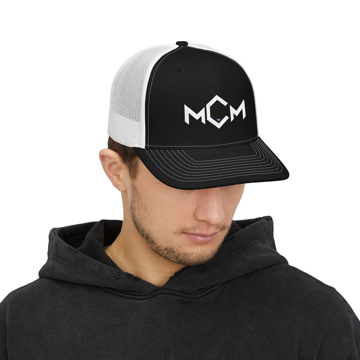 MCM Trucker Cap in black / white, worn, front view