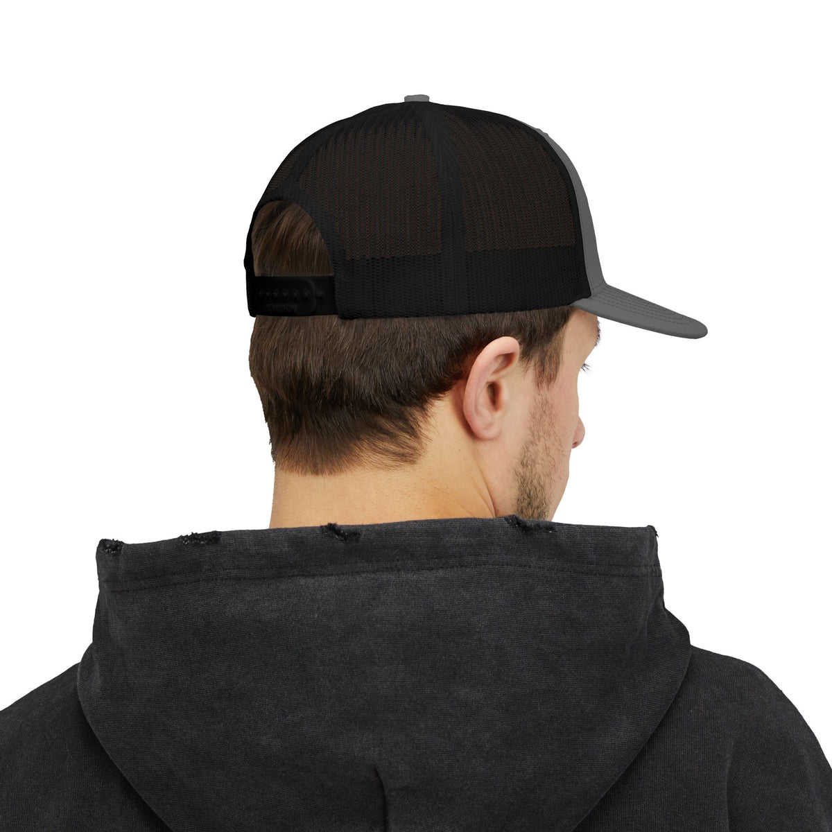MCM Trucker Cap in charcoal / black, worn, back view