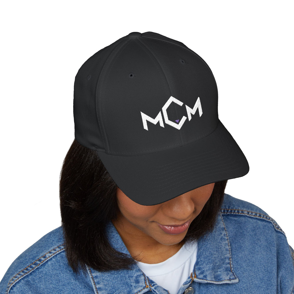 MCM Fitted Cap in black, worn, front view