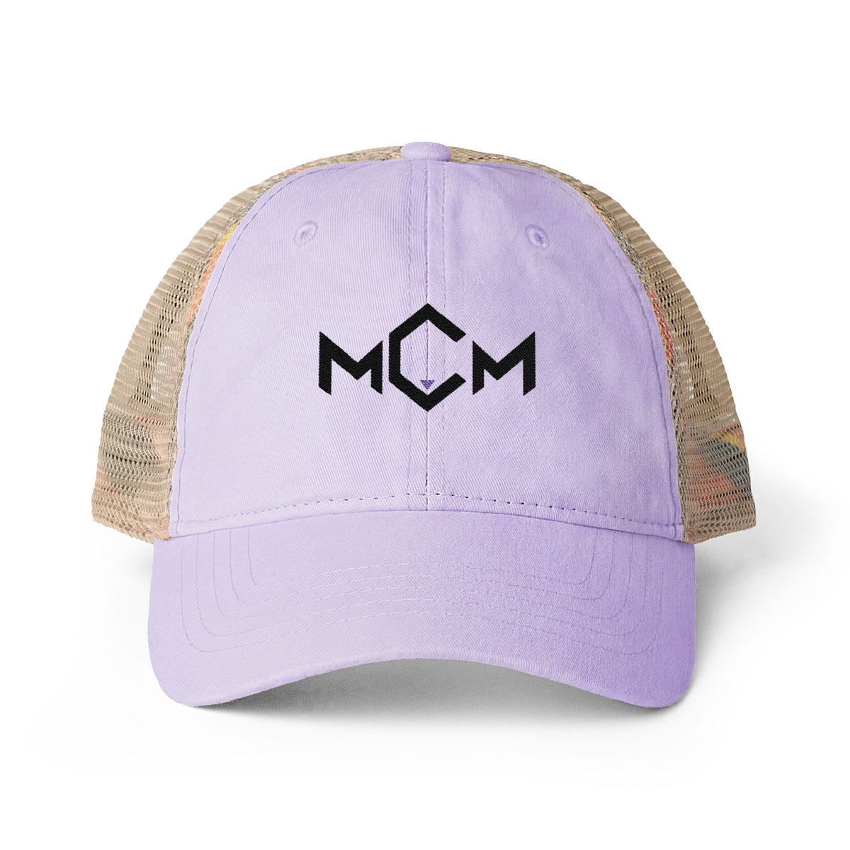 MCM Women's Ponytail Cap in lavender / stripes with the embroidered MCM mark in black with a blue accent, front
