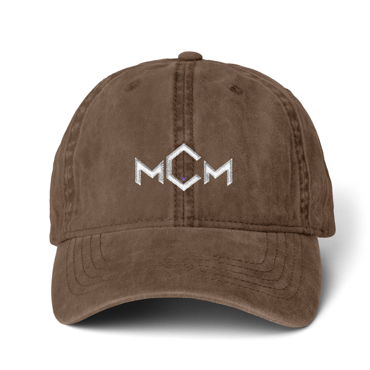 MCM Women's Washed Cap in chocolate / fawn with the embroidered MCM mark in white with a blue accent, front
