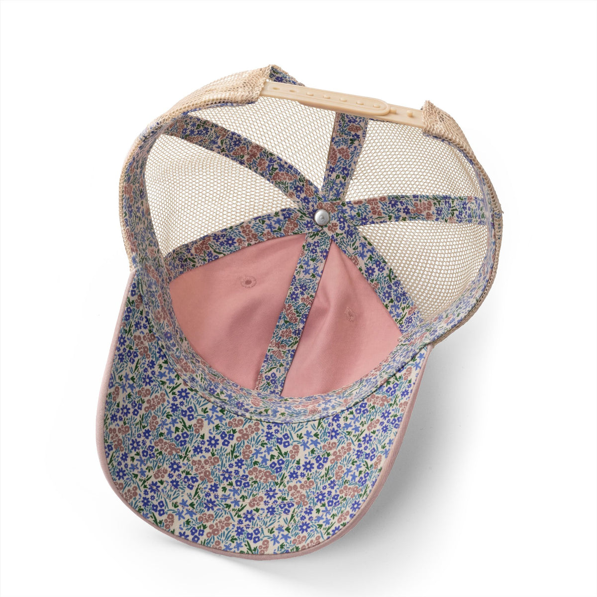 MCM Women's Ponytail Cap in dusty pink / floral, patterned undervisor and mesh back