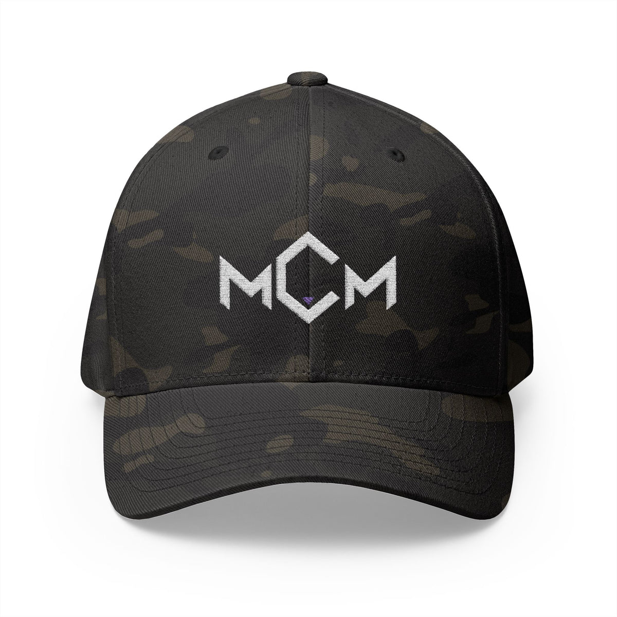 MCM Fitted Cap in multicam black with the embroidered MCM mark in white with a blue accent, front