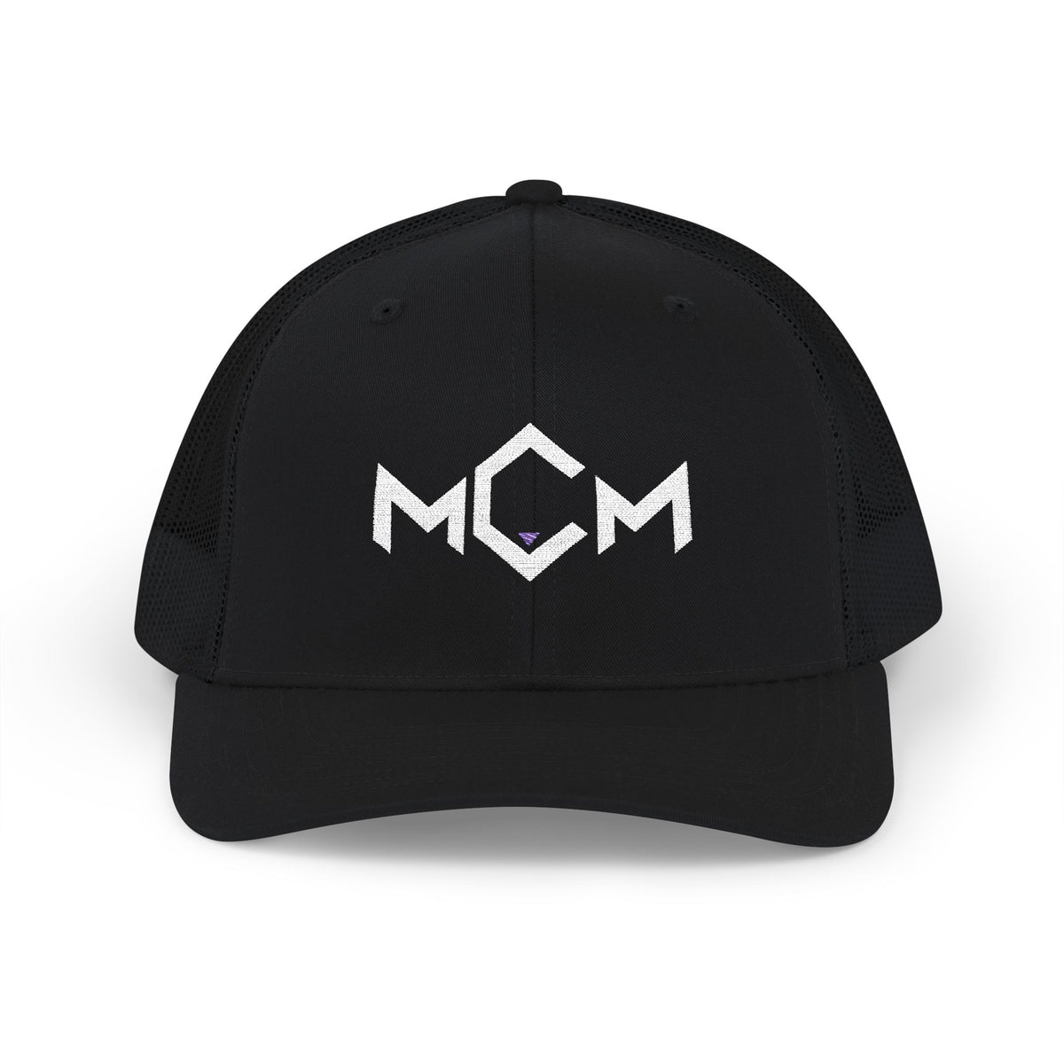 MCM Trucker Cap in black with the embroidered MCM mark in white with a blue accent, front