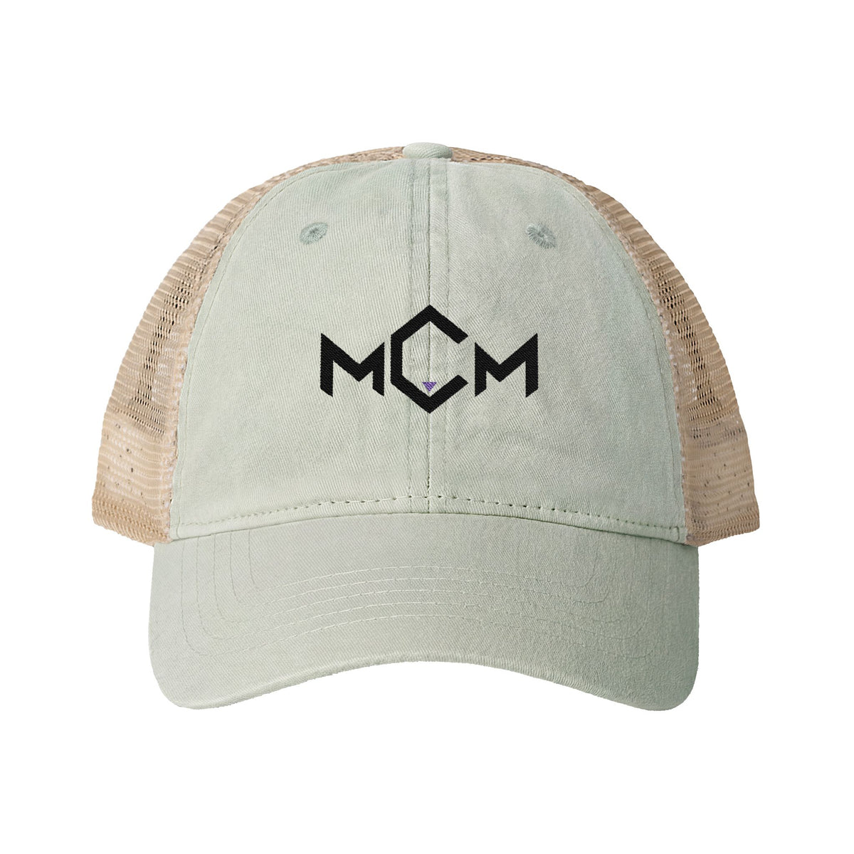 MCM Women's Ponytail Cap in sage / polka dots with the embroidered MCM mark in black with a blue accent, front