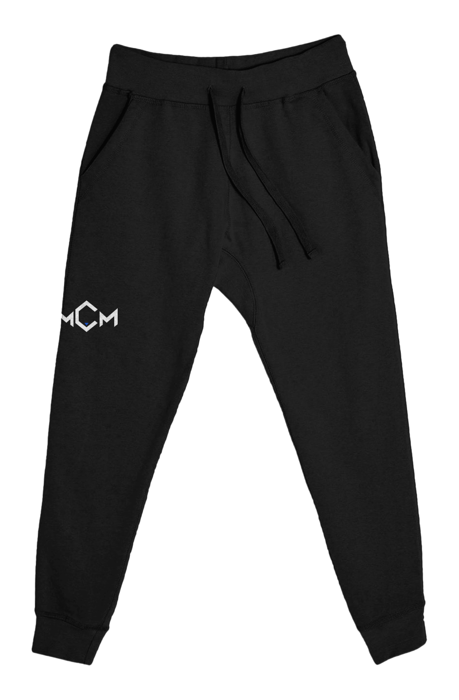 MCM Command Joggers in black with the MCM mark embroidered in white and electric blue on the right thigh, front