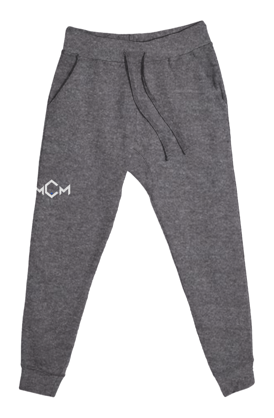 MCM Command Joggers in charcoal heather with the MCM mark embroidered in white and electric blue on the right thigh, front