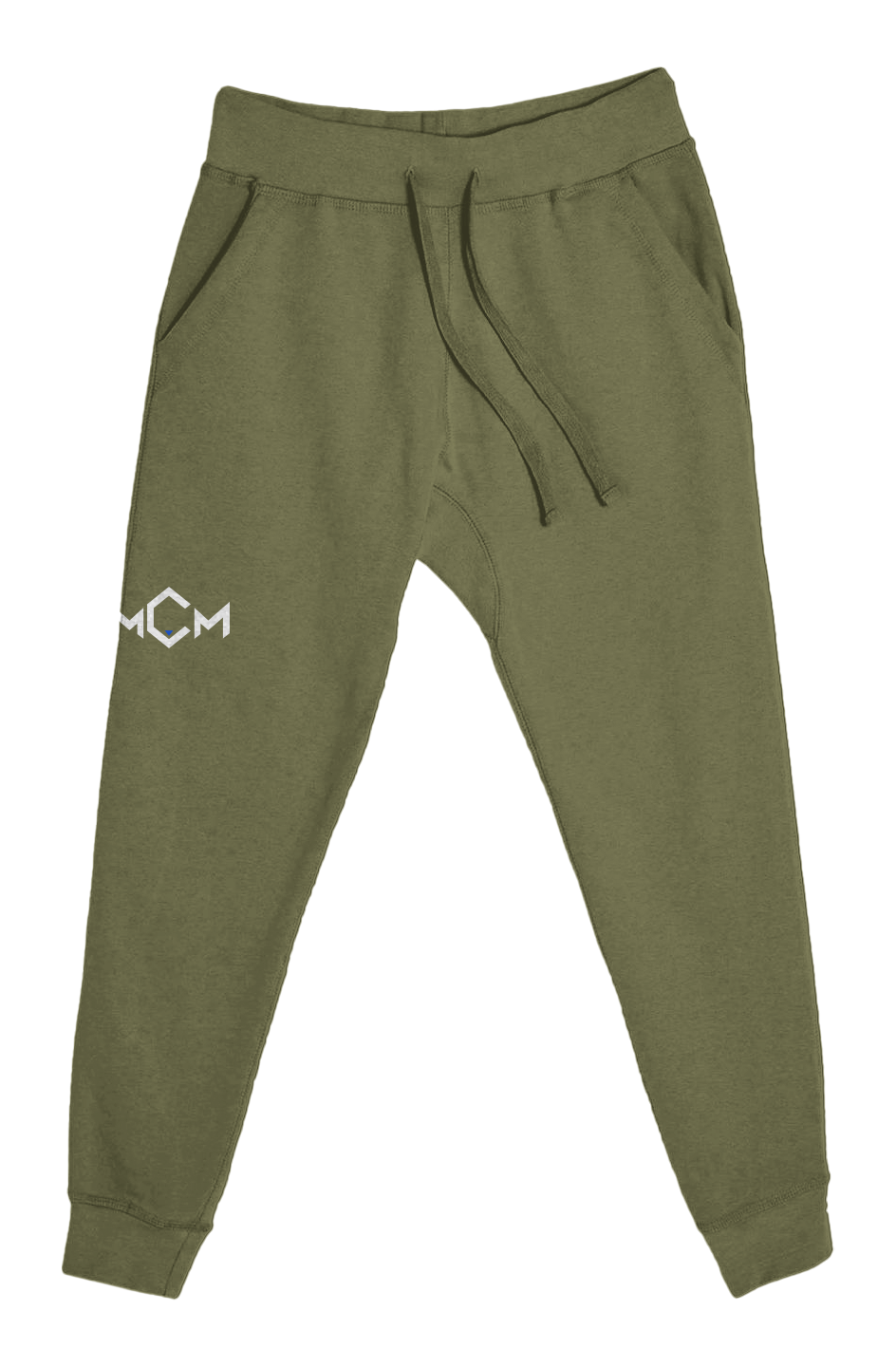 MCM Command Joggers in army green with the MCM mark embroidered in white and electric blue on the right thigh, front