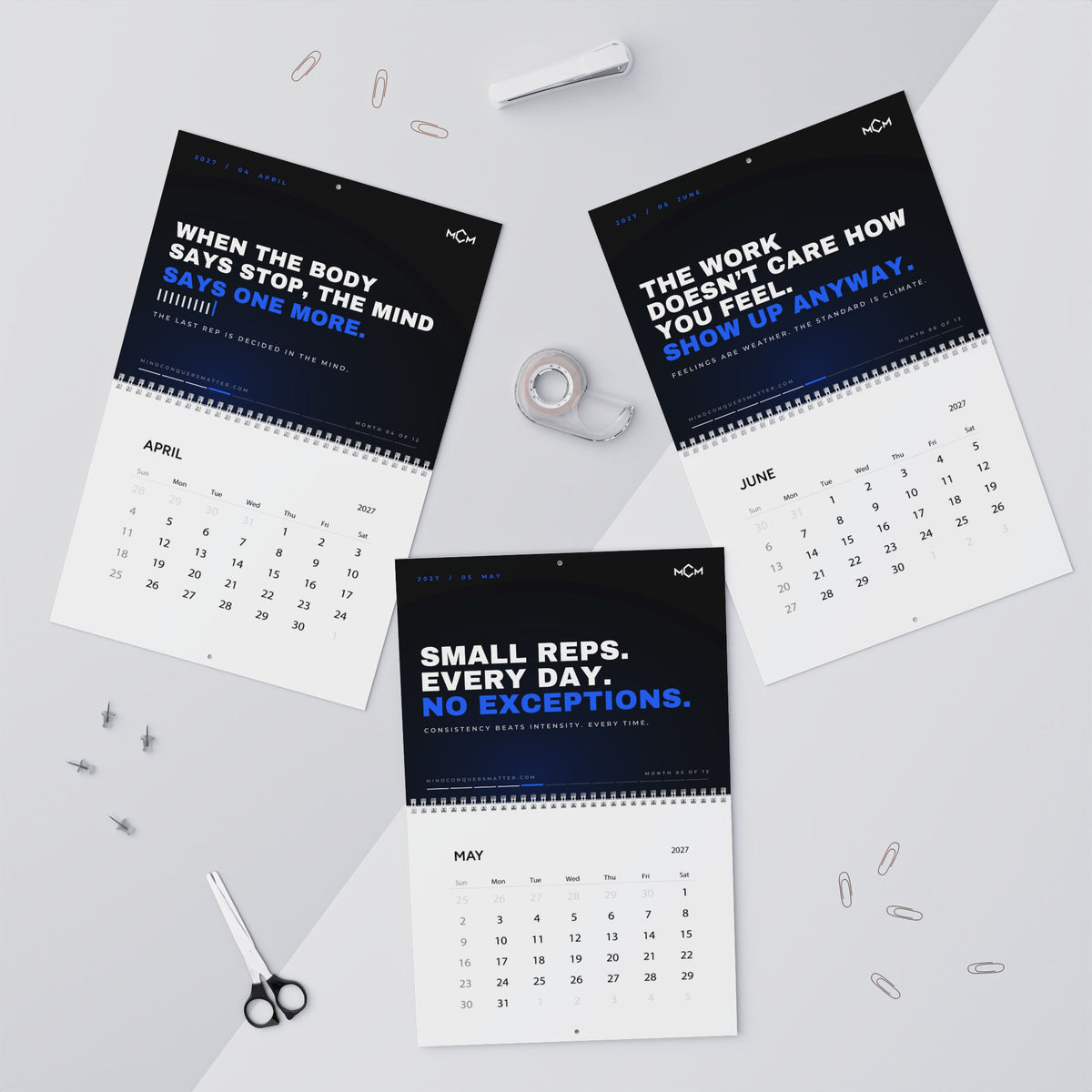 MCM 2027 Discipline Calendar pages for April, May and June