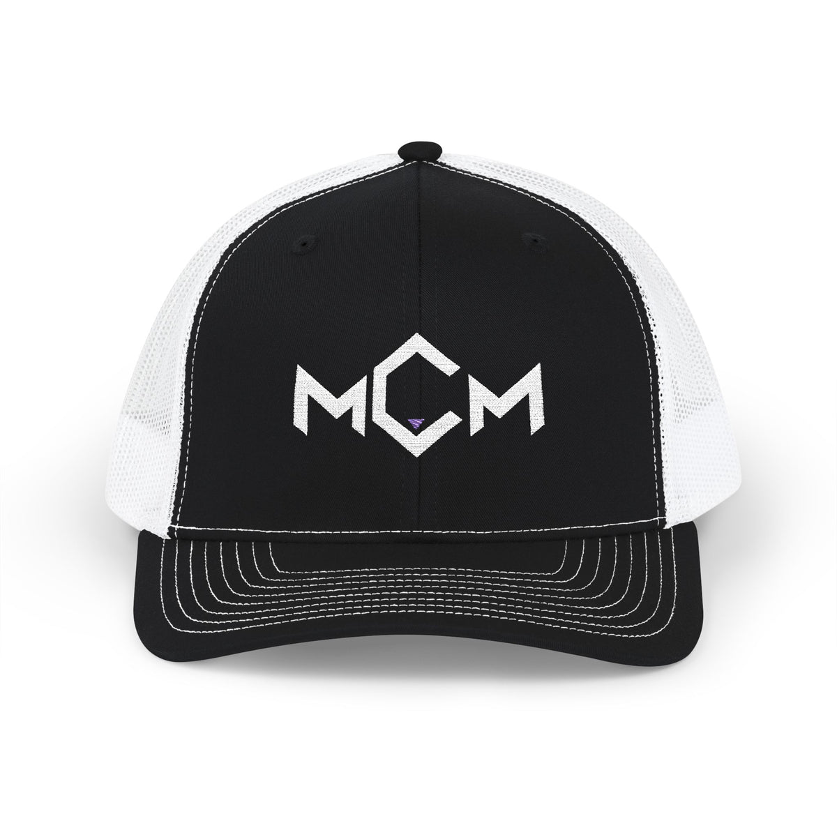 MCM Trucker Cap in black / white with the embroidered MCM mark in white with a blue accent, front