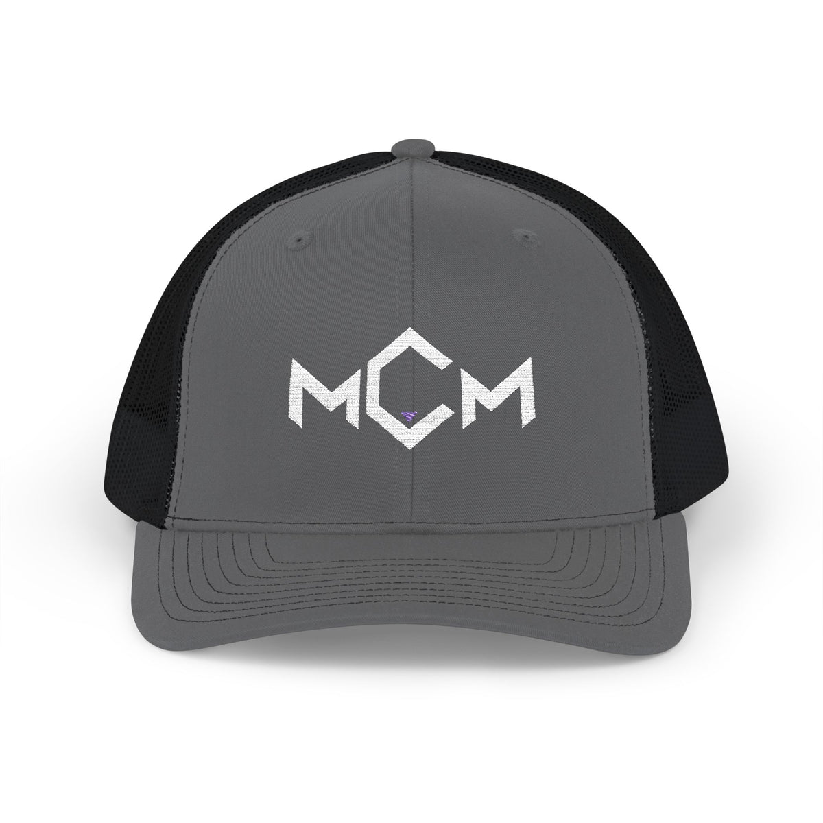 MCM Trucker Cap in charcoal / black with the embroidered MCM mark in white with a blue accent, front