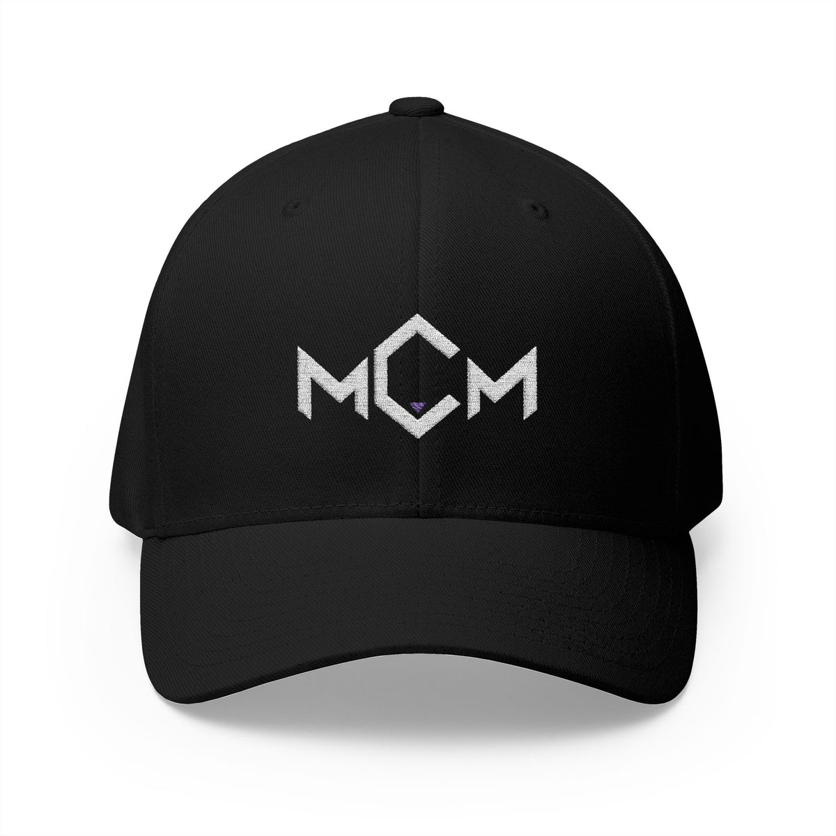 MCM Fitted Cap in black with the embroidered MCM mark in white with a blue accent, front