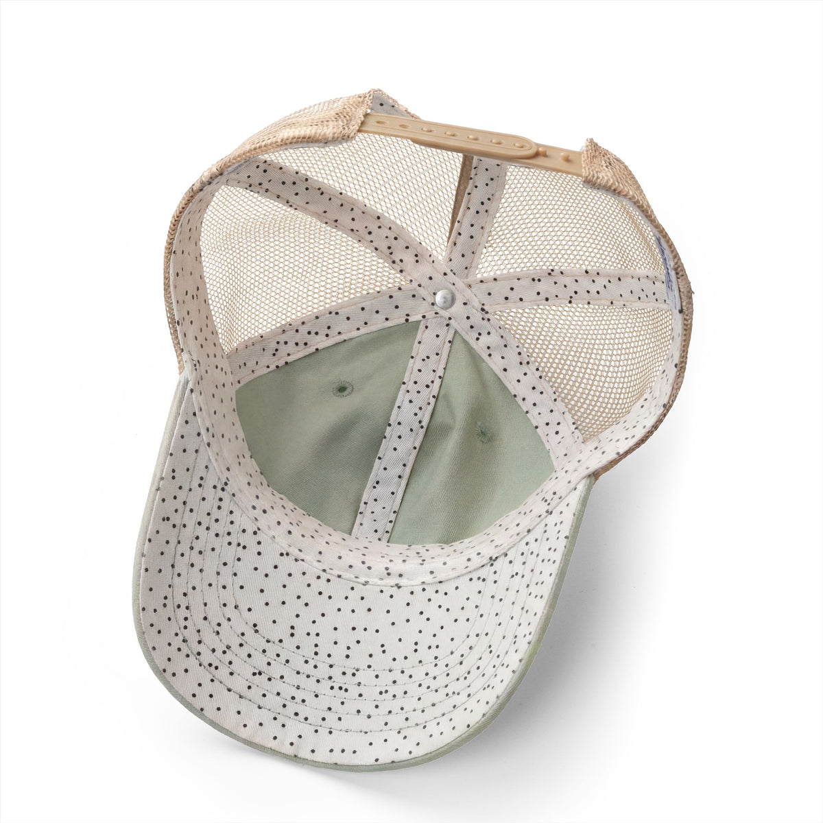 MCM Women's Ponytail Cap in sage / polka dots, patterned undervisor and mesh back