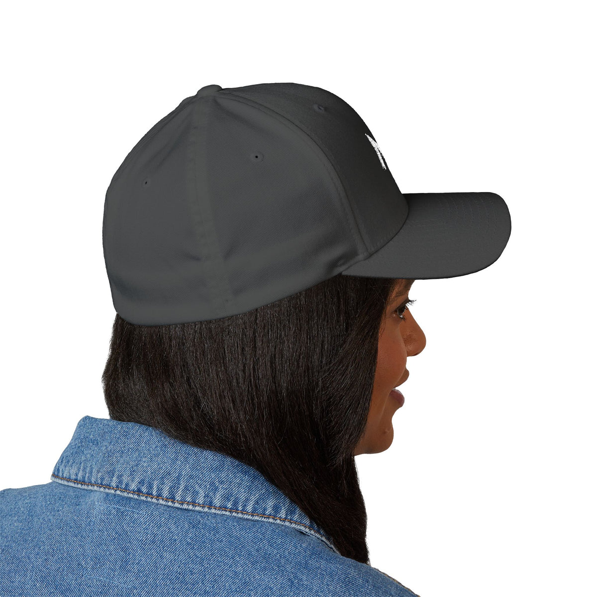 MCM Fitted Cap in dark grey, worn, side view