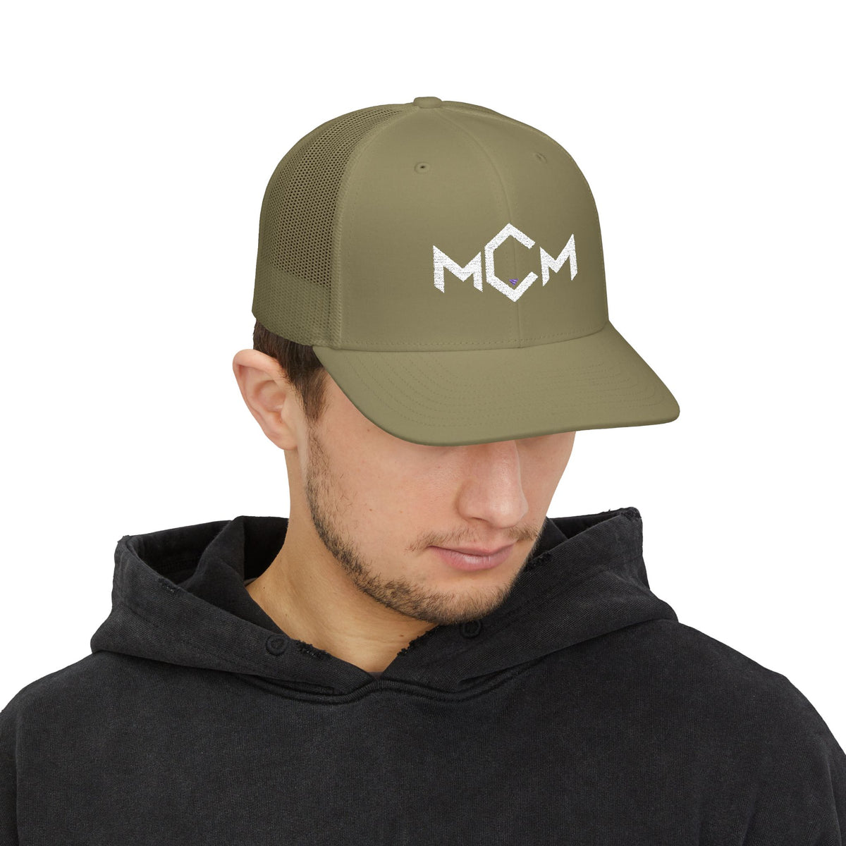 MCM Trucker Cap in loden, worn, front view