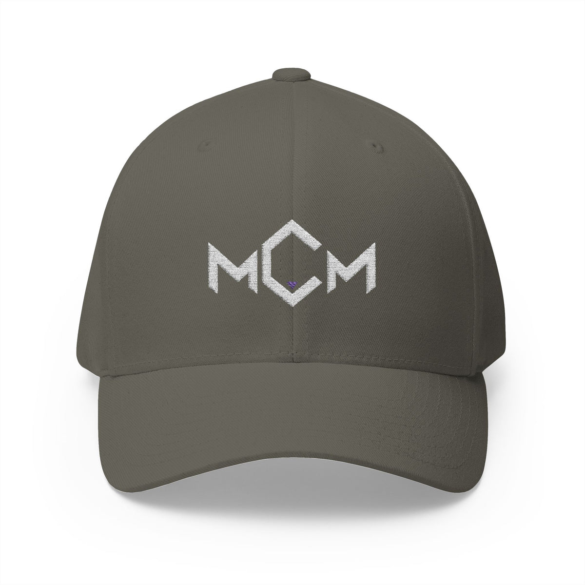 MCM Fitted Cap in olive with the embroidered MCM mark in white with a blue accent, front