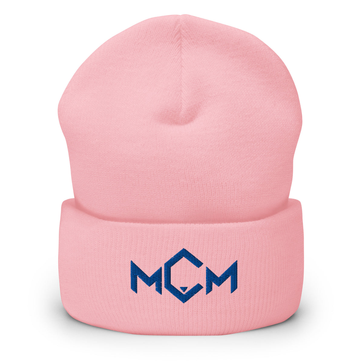 MCM Cuffed Beanie in baby pink with the MCM mark embroidered in MCM blue, front