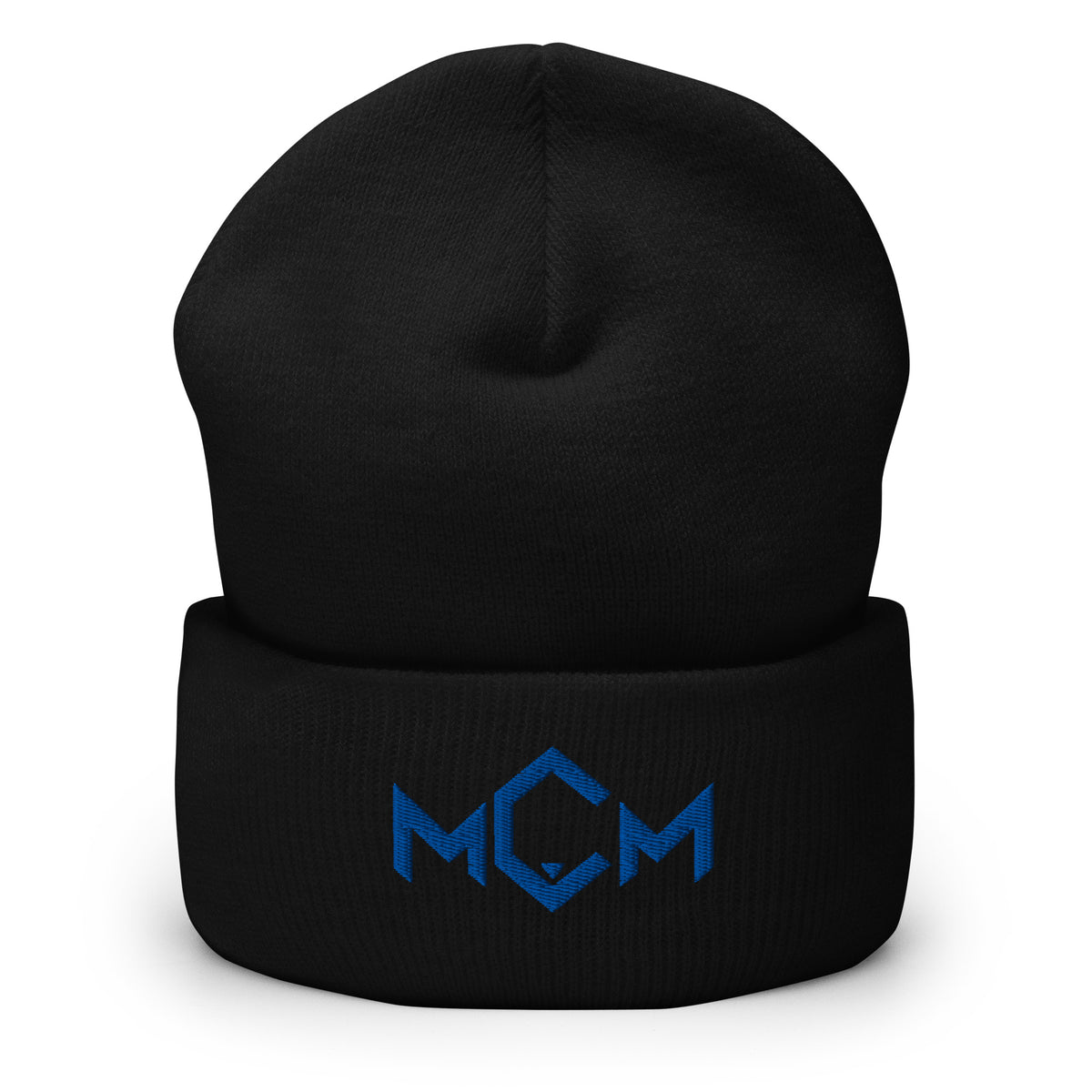 MCM Cuffed Beanie in black with the MCM mark embroidered in MCM blue, front