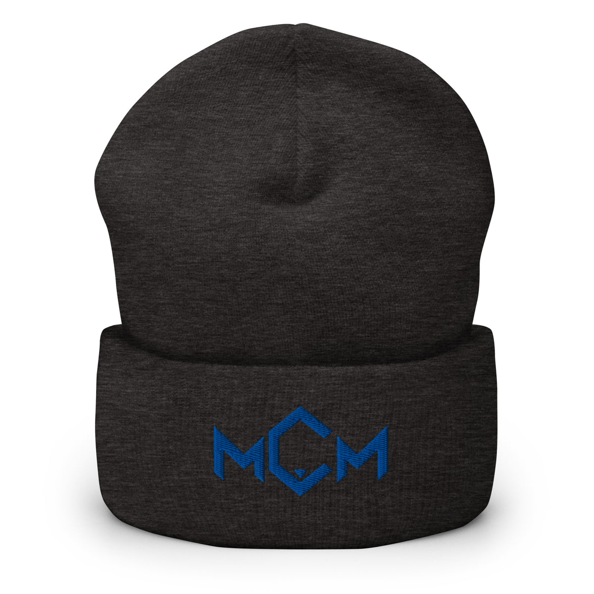 MCM Cuffed Beanie in dark grey with the MCM mark embroidered in MCM blue, front