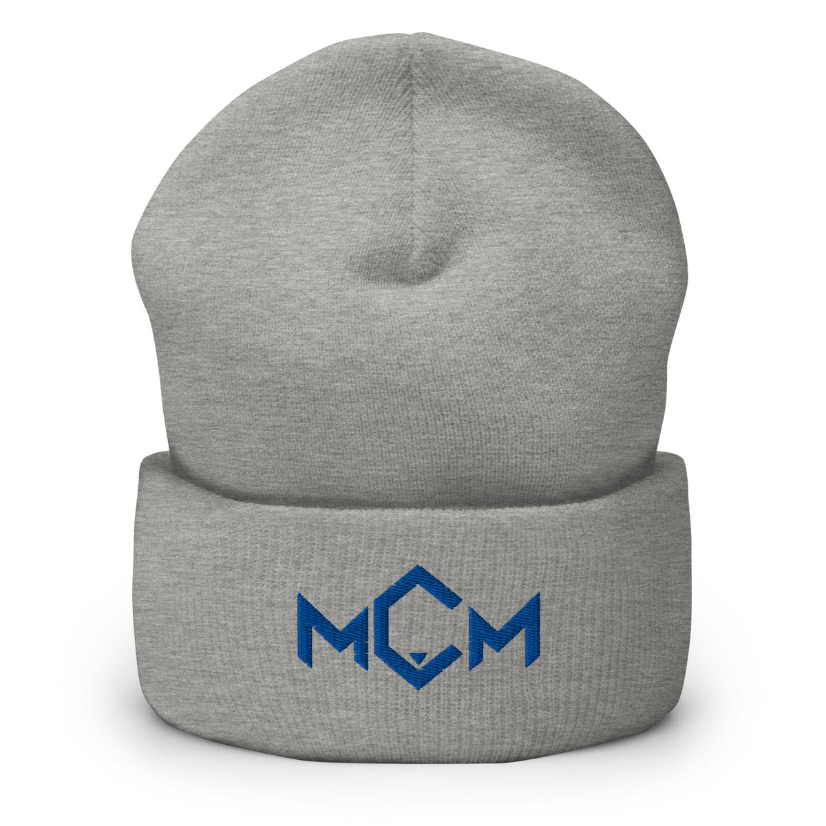 MCM Cuffed Beanie in heather grey with the MCM mark embroidered in MCM blue, front