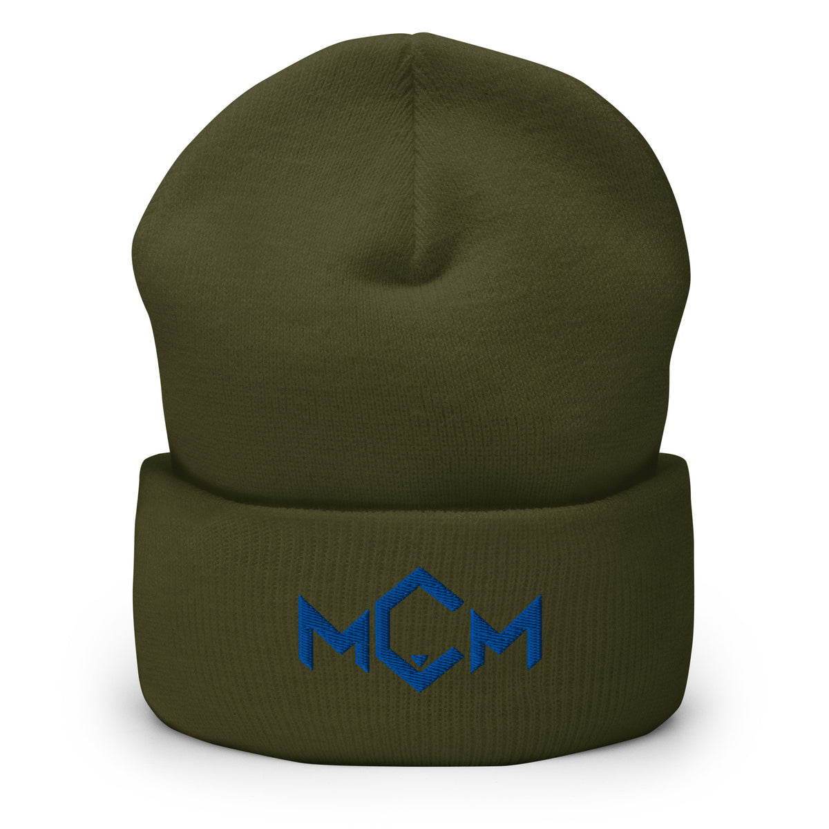 MCM Cuffed Beanie in olive with the MCM mark embroidered in MCM blue, front