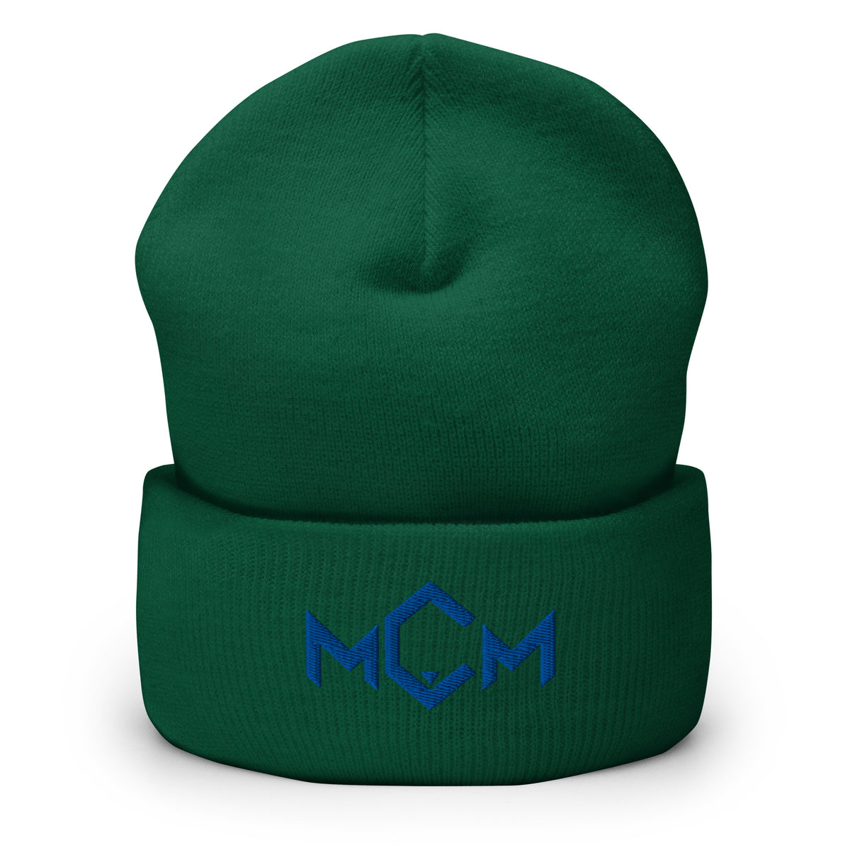 MCM Cuffed Beanie in spruce with the MCM mark embroidered in MCM blue, front