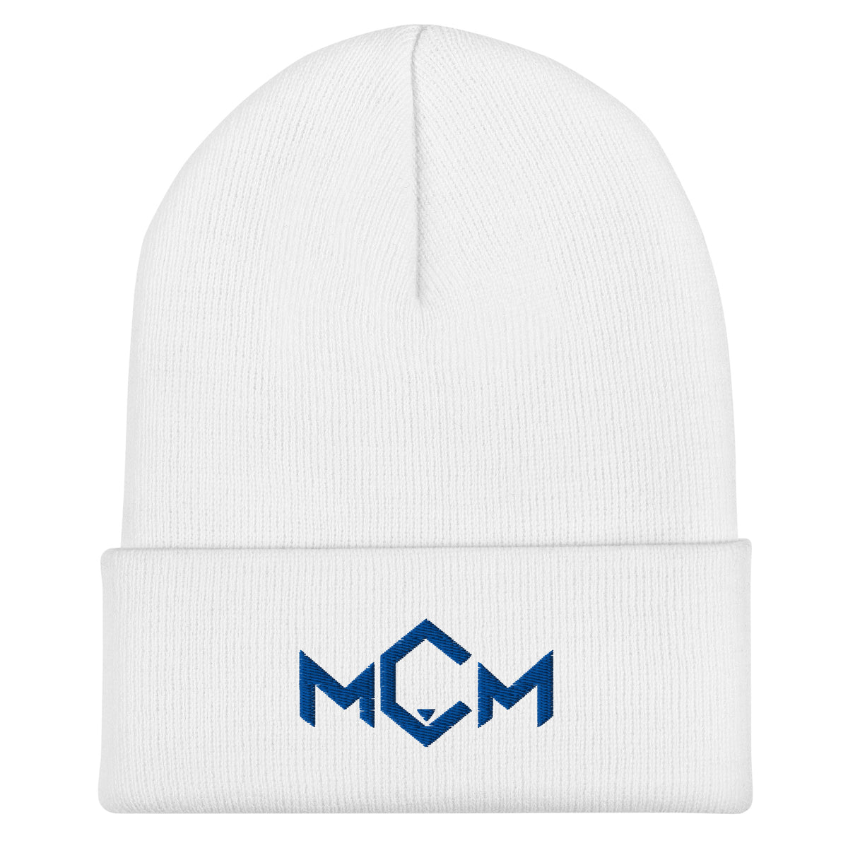 MCM Cuffed Beanie in white with the MCM mark embroidered in MCM blue, front