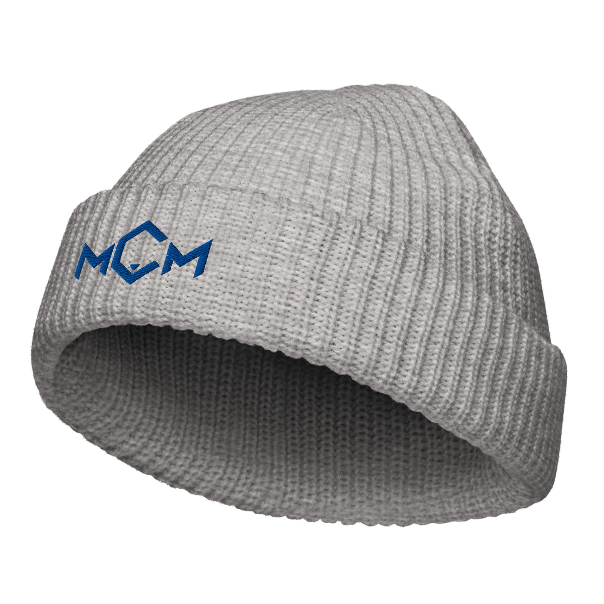MCM Fisherman Beanie in athletic heather with the MCM mark embroidered in MCM blue, front