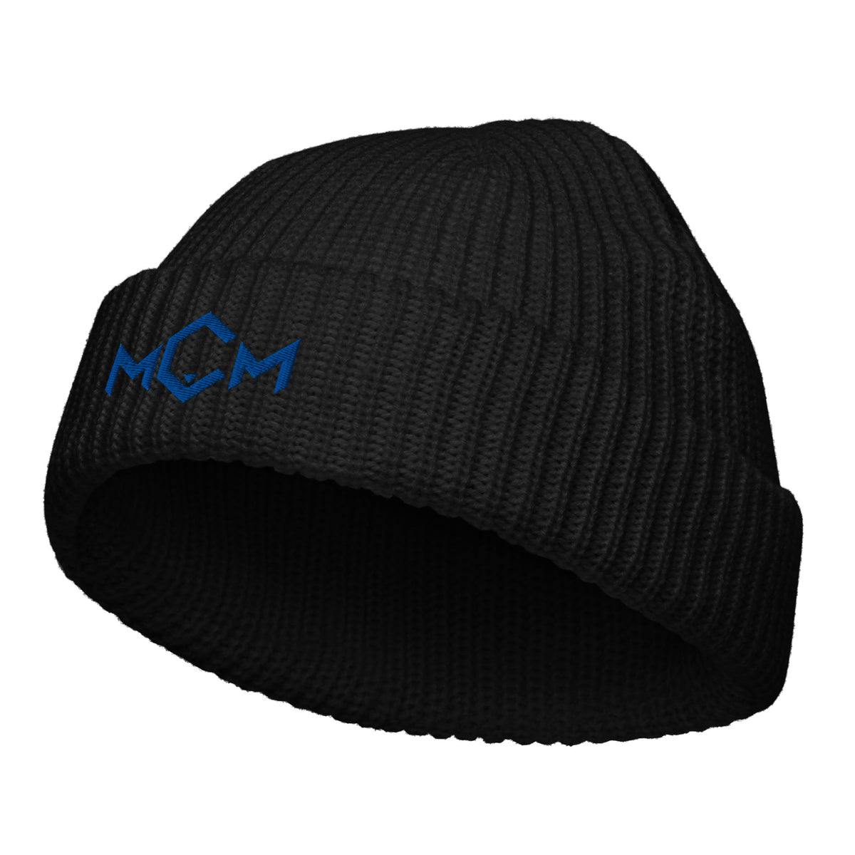 MCM Fisherman Beanie in black with the MCM mark embroidered in MCM blue, front