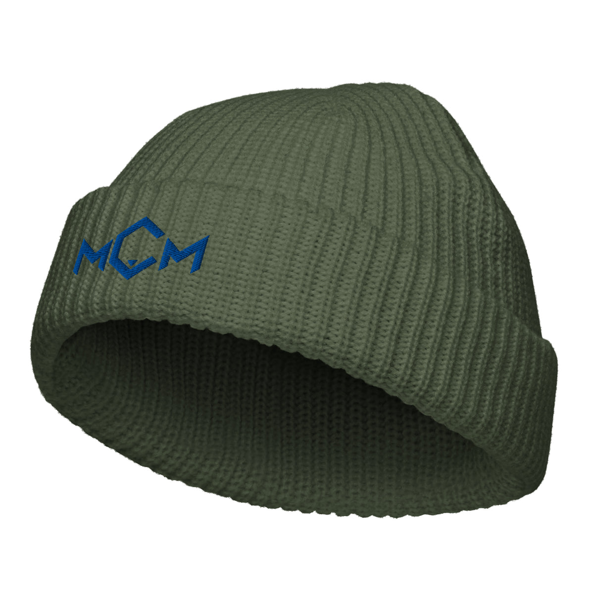 MCM Fisherman Beanie in cypress with the MCM mark embroidered in MCM blue, front