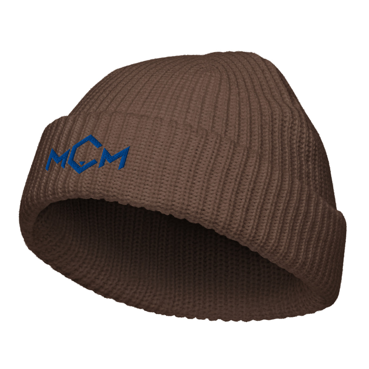MCM Fisherman Beanie in walnut with the MCM mark embroidered in MCM blue, front