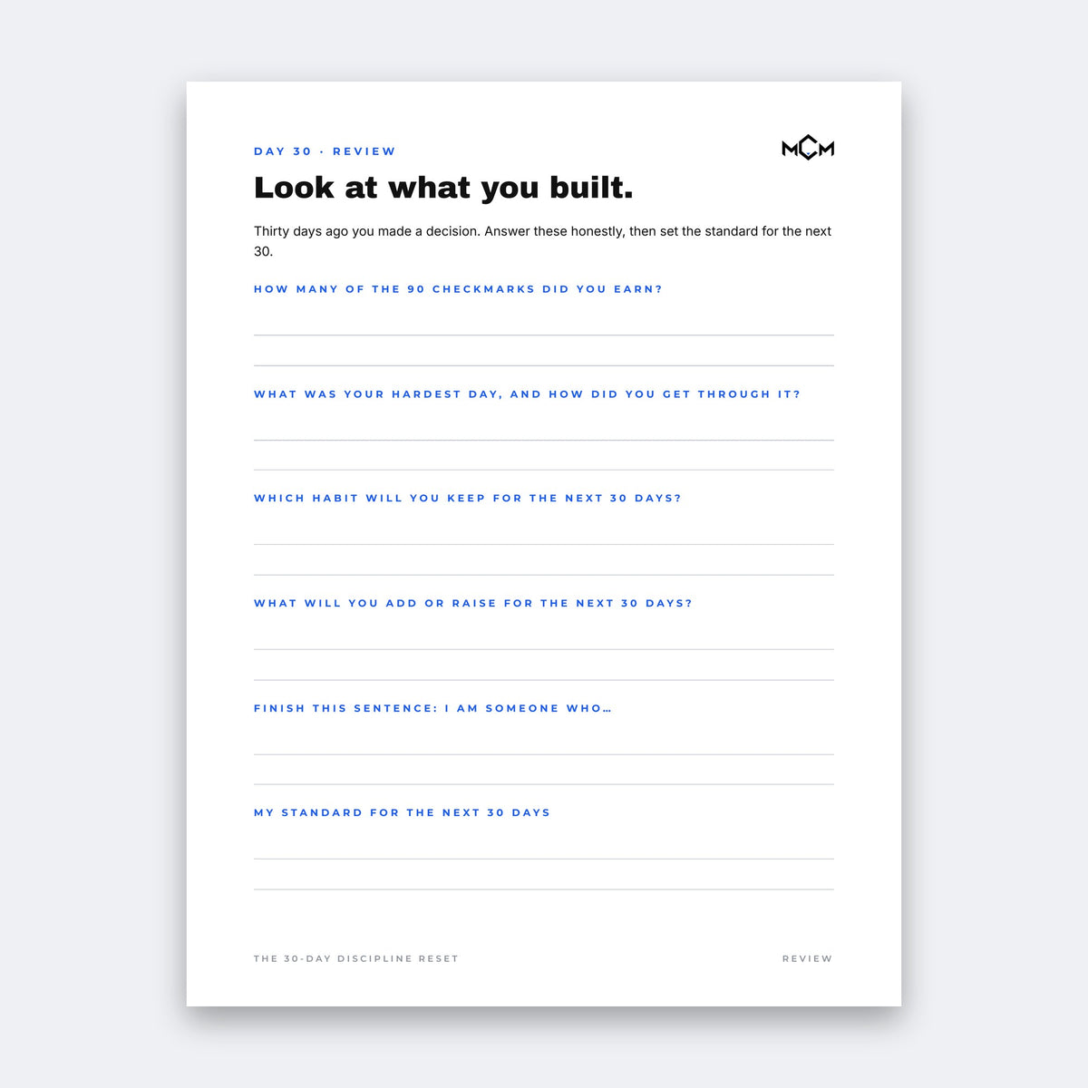 MCM 30-Day Discipline Reset, Day 30 review page: Look at what you built