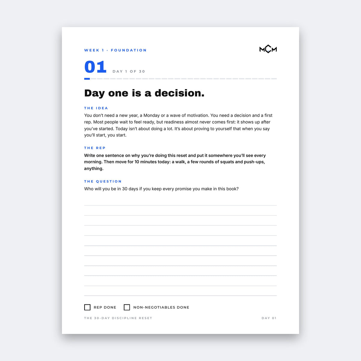 MCM 30-Day Discipline Reset, Day 1 page: Day one is a decision, with the idea, the rep and the question