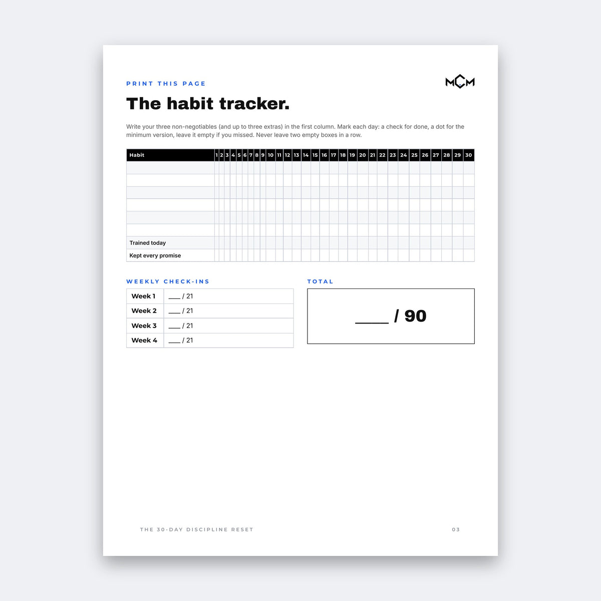 MCM 30-Day Discipline Reset, printable habit tracker for 30 days with weekly check-ins